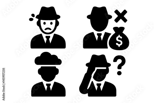 Vector illustration of four icon emotions representing various states of a businessperson in a dilemma