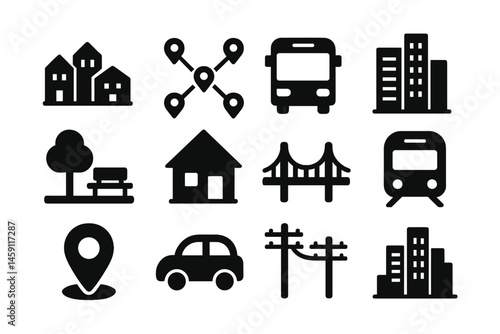 Vector illustration of transportation and urban elements showcasing a city layout with houses, public transport, and landmarks