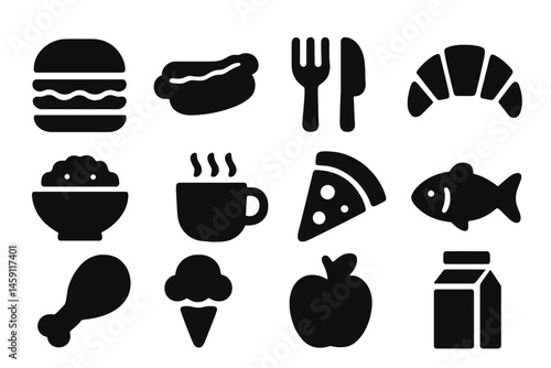 Icons representing various food items and utensils, illustrating diverse culinary themes and mealtime activities in a minimalist design