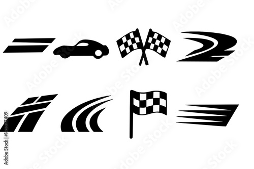 Vector illustration icons representing racing themes with cars, checkered flags, and track elements for dynamic sports designs