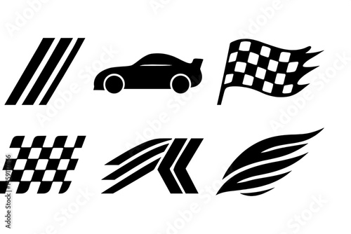 Vector illustration of racing icons including a car silhouette and checkered flag for motorsports themes