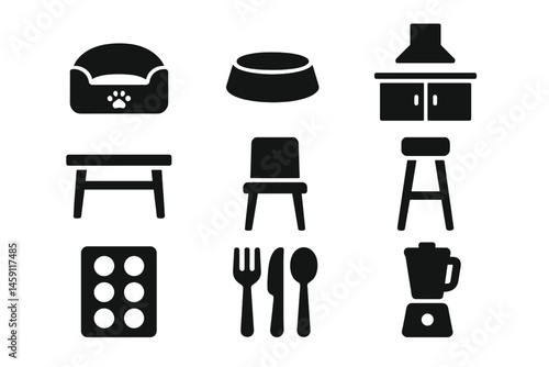 Vector illustration of home living essentials including furniture and kitchenware arranged in a simple layout