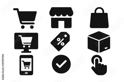 Vector illustration icons representing online shopping activities, emphasizing e-commerce features and user interactions
