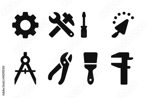 Collection of vector illustration icons representing various tools and equipment for construction and repair activities