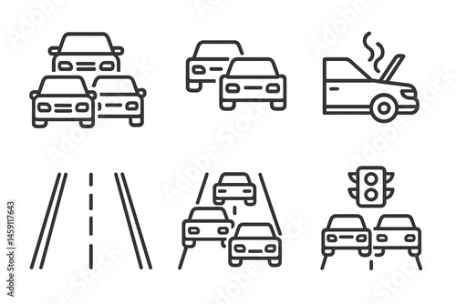 Vector illustration icon depicting various elements of road traffic and vehicle breakdown scenarios in an urban setting