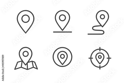 Vector illustration icons depicting various map markers for location identification and navigation