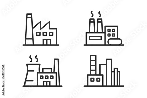 Industrial factory vector illustrations showcasing various types of manufacturing buildings in a minimalist style