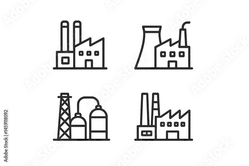 Industrial vector illustration showing various factories and structures in a simplified design and layout with a clean aesthetic