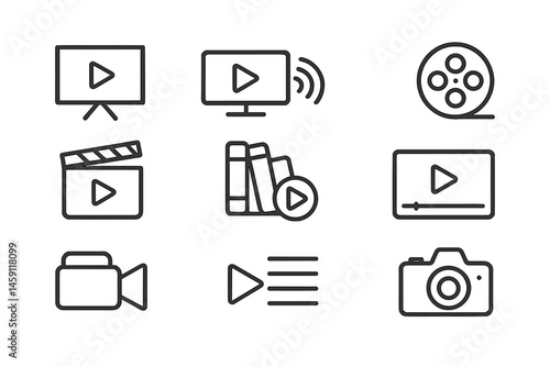 Vector illustration of multimedia icons for video production and playback tools featuring screens, cameras, and films