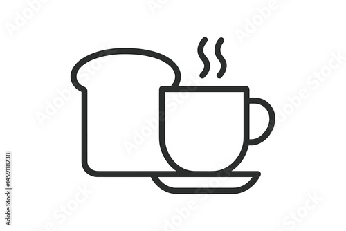 Breakfast icon featuring steaming cup and loaf of bread perfect for morning meals and cafes