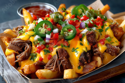 Vibrant loaded french fries display pulled beef and cheese sauce topped with fresh jalapenos. Ideal for fast food, cafes, food trucks. Colorful presentation emphasizes delicious appeal