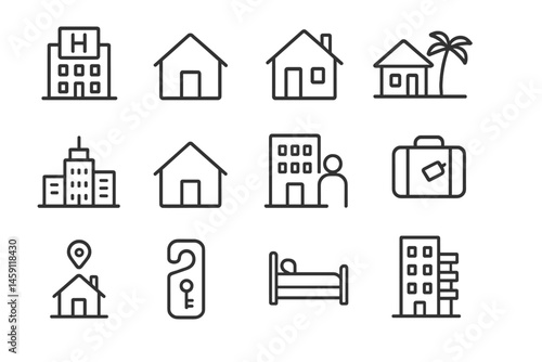 Vector illustration of various building icons representing hotels, houses, and travel activities for tourism and hospitality