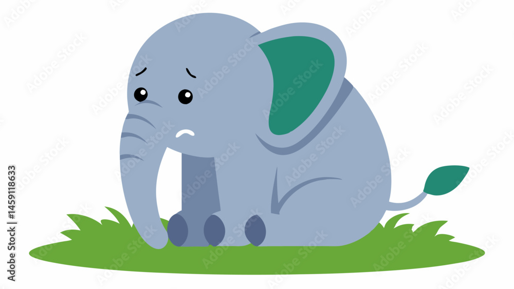 Naklejka premium Sitting Elephant An elephant sitting on the ground with its back hunched. The ears are bent and floppy and the mouth is turned into a deep frown. The elephants trunk hangs limply