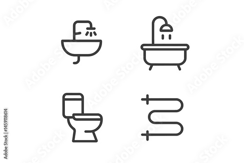 Vector illustration icons of bathroom fixtures featuring sink, bathtub, toilet, and towel rack in a minimalistic design