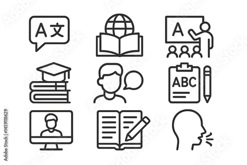 Educational vector icons showcasing language learning and teaching tools for diverse learning environments and activities
