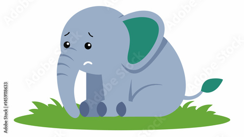 Sitting Elephant An elephant sitting on the ground with its back hunched. The ears are bent and floppy and the mouth is turned into a deep frown. The elephants trunk hangs limply