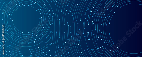 Elegant abstract circular circuit background. Big data and artificial intelligence concept. Lines on a blue technological backdrop. Network pattern. Digital computing innovation banner 