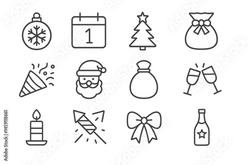 Celebrate the holiday season with festive icons including ornaments, calendars, and party elements for cheerful gatherings