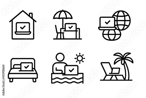 Vector illustration icons representing remote work activities in different environments, including home, beach, and office settings