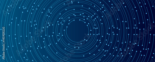 Futuristic blue circular circuit wires. Abstract technological background. Artificial intelligence and computing innovation backdrop. Digital big data banner. Vector illustration