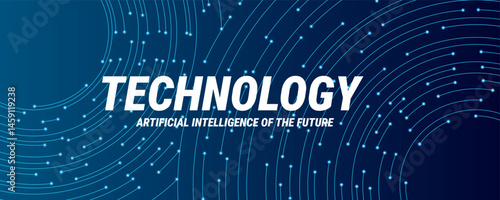 Abstract technological background. Blue technological circular circuit wires. AI concept. Big data flow elements. Technological backdrop. AI chip or semiconductor. Futuristic motherboard. 