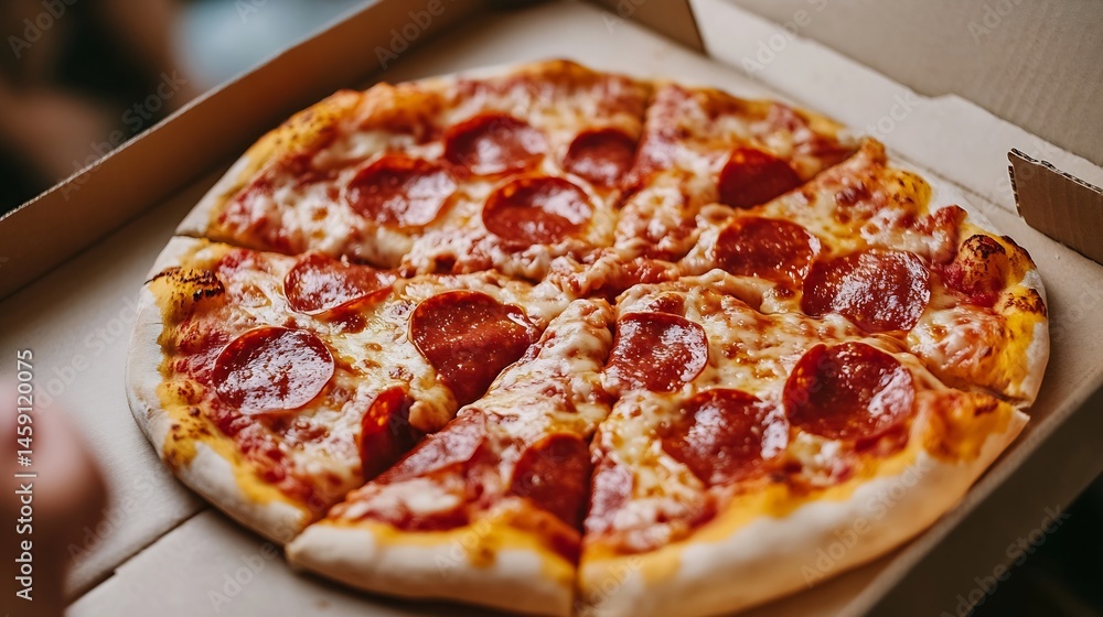 A delicious pepperoni pizza, freshly baked and cut into slices, sits in a cardboard box, ready to be enjoyed. The melted cheese and savory pepperoni are visible. : Generative AI A delicious pepperoni pizza, freshly baked and cut into slices, sits in a cardboard box, ready to be enjoyed. The melted cheese and savory pepperoni are visible. : Generative AI