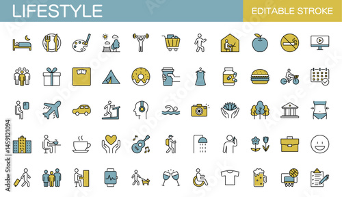 Colored lifestyle icon set. Nutrition, diet, entertainment, personal development, daily routine, and more. Editable stroke. Vector illustration