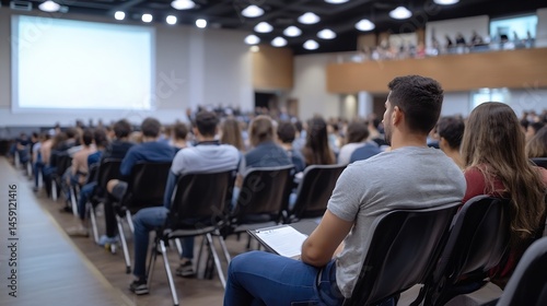 Attentive audience member sits in a large lecture hall  listening intently to a presentation on a screen  surrounded by many other people.   Generative AI