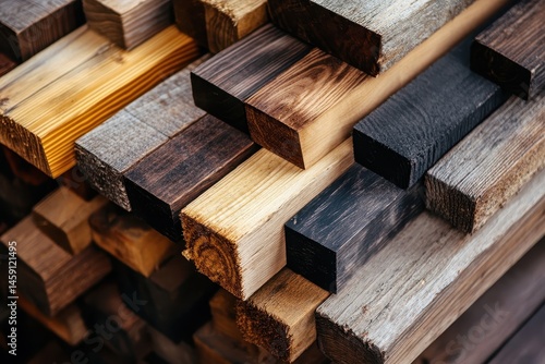 Stack of wooden blocks, showing grain and varying colors and textures. Use for backgrounds, textures, or representing natural building materials.