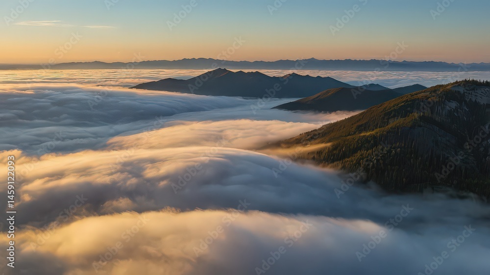 Obraz premium Aerial view of mountains protruding through a sea of clouds at golden hour with a clear sky above