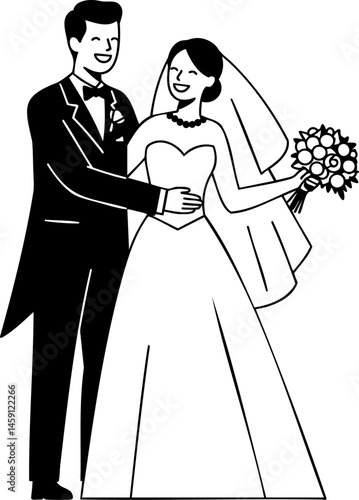 Happy Newlywed Couple in Formal Wear Illustration