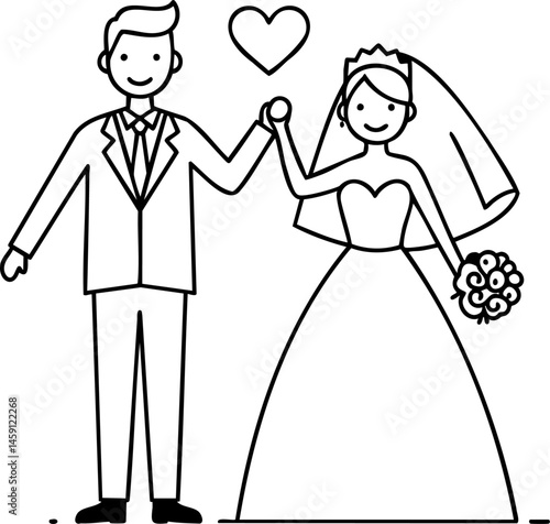 Line Art Wedding Couple Holding Hands with Heart