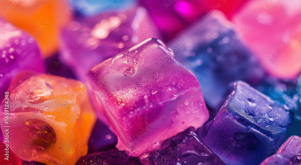 Close-up of colorful jelly candy ice cubes, vibrant colors, macro photography style, macro lens focus on the details and textures of each jelly cube. Close-up of colorful jelly candy ice cubes, vibrant colors, macro photography style, macro lens focus on the details and textures of each jelly cube.