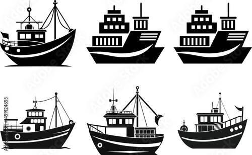 Fishing boats vector art, vector, illustration, transparent, horizontal, isolated assets, on transparent background