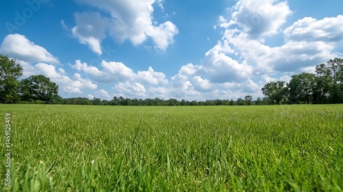 Expansive green field under a vibrant blue sky dotted with fluffy white cumulus clouds, trees lining the horizon on a sunny day. : Generative AI