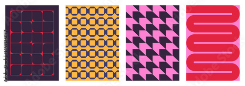 Geometric minimal posters. Abstract geometry backgrounds with modern simple shapes and forms, contemporary art print swiss bauhaus style. Vector geometric background set