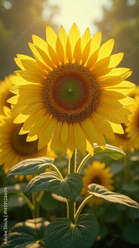 Naklejka premium Large yellow sunflower in bloomSunflower field with bright sunlightBright green leaves on a sunflower plant