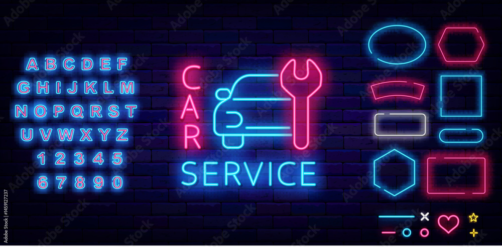 Car service neon label. Automobile with adjustable wrench. Shiny blue alphabet. Geometric frames set. Vector stock illustration Car service neon label. Automobile with adjustable wrench. Shiny blue alphabet. Geometric frames set. Vector stock illustration
