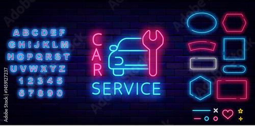 Car service neon label. Automobile with adjustable wrench. Shiny blue alphabet. Geometric frames set. Vector stock illustration