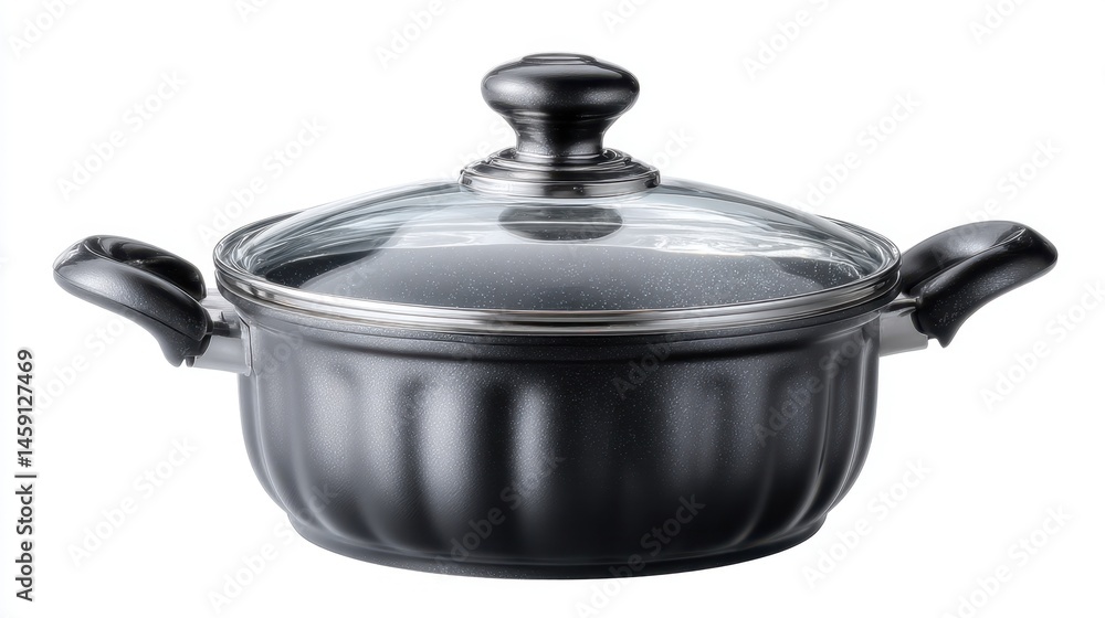 Black ceramic cooking pot with glass lid and handles on white background Black ceramic cooking pot with glass lid and handles on white background