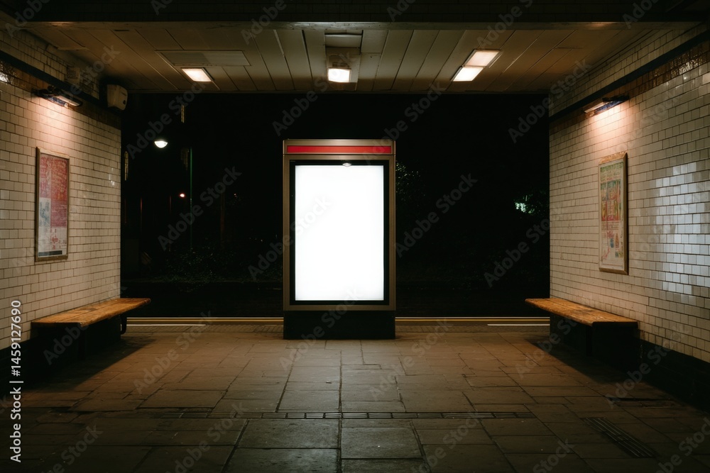 A well-lit, empty subway station at night with a blank advertisement board and tiled walls.