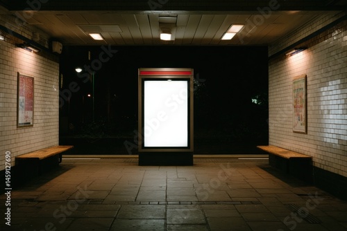 Obraz na płótnie A well-lit, empty subway station at night with a blank advertisement board and tiled walls. w salonie