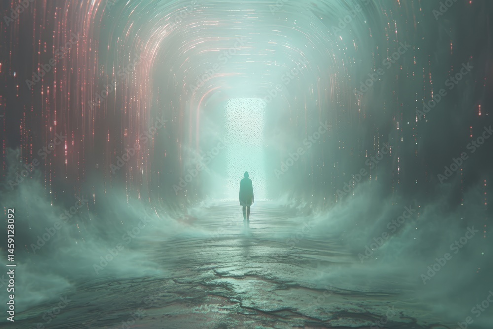 Obraz premium Surreal scene of a figure walking through swirling waters and light.
