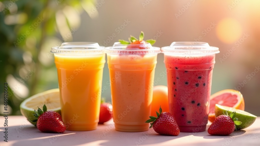 Three refreshing smoothies with fruits on table Three refreshing smoothies with fruits on table