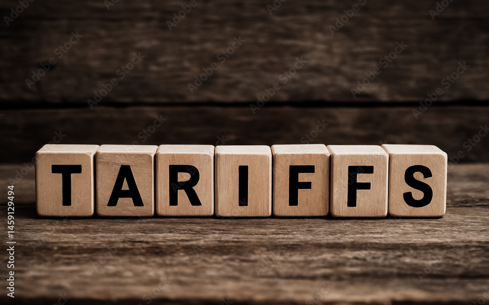 Tariffs word written on wooden cubes on wooden table
