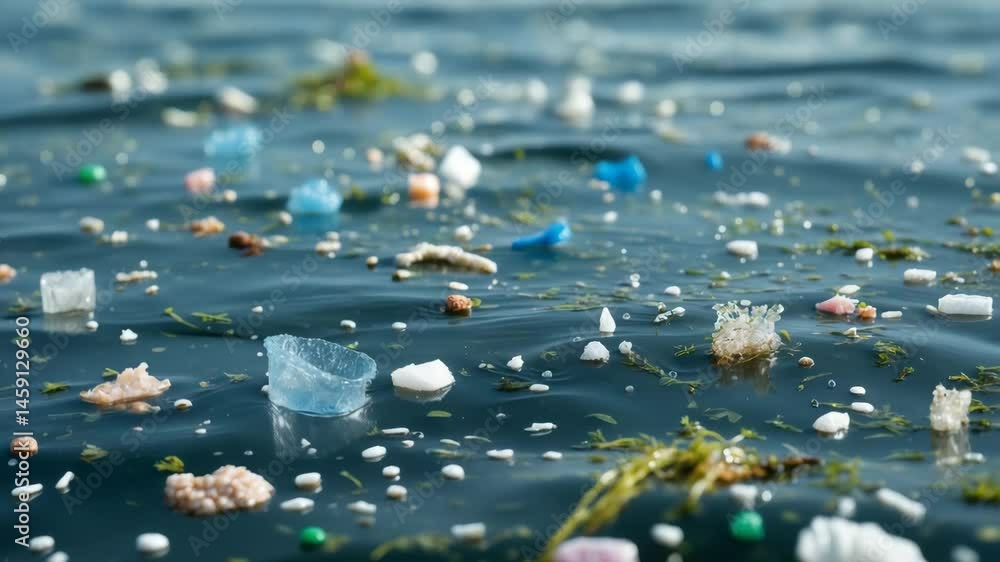 Close-up photography of sea water affected by micro plastic pollution. Environmental contamination idea.