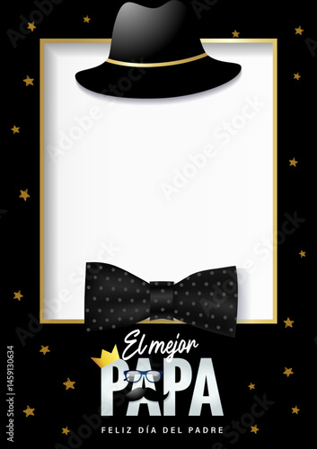 El mejor Papa, Feliz dia del Padre - holiday congrats photo frame. Translation - Best Dad ever, Happy Father's Day. Cartoon vector illustration for poster or social media