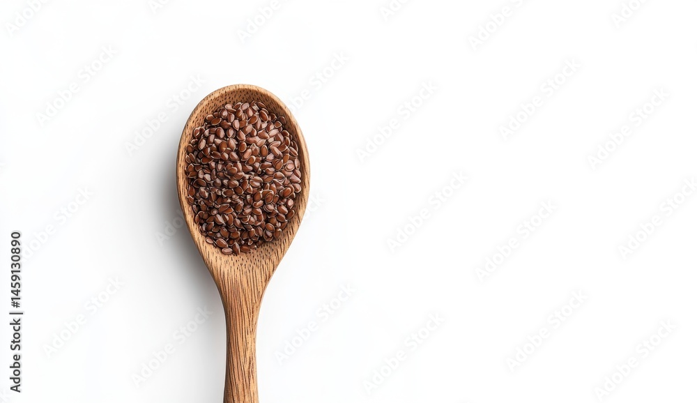 Wooden spoon holding flax seeds on white background Wooden spoon holding flax seeds on white background