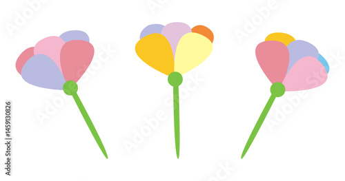 Three abstract flower heads with vibrant multicolor petals.