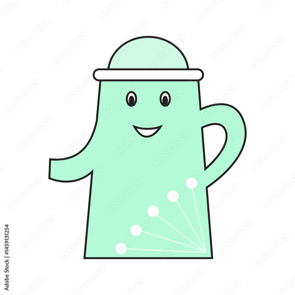 Fototapeta premium Mint green kettle with smiling face and dotted decor.